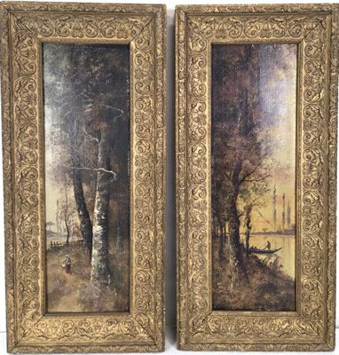 paire de peintures à l'huile du XIXe siècle représentant un paysage boisé