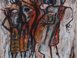 une peinture représentant un groupe de personnes debout les unes à côté des autres