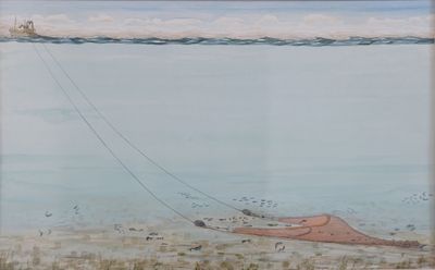 un tableau représentant un homme allongé sur la plage avec un cerf-volant