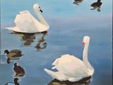 a painting of swans and ducks floating in the water