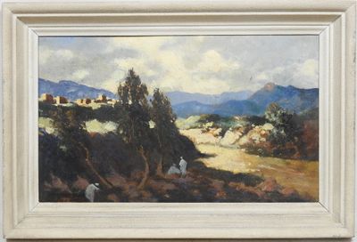 une image représentant un tableau de paysage avec des moutons au premier plan