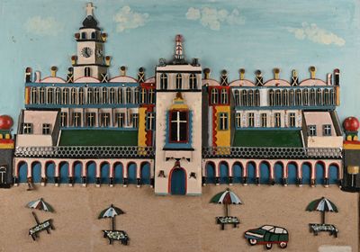 a picture of a picture of a building on the beach