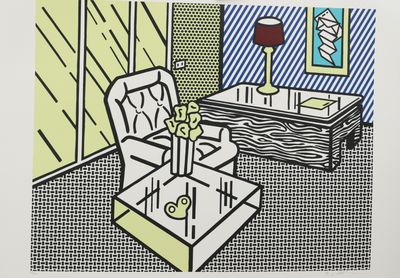 an image of a drawing of a living room with a chair and a table