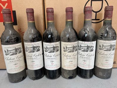 six bouteilles de vin sont alignées en rang devant une boîte en carton