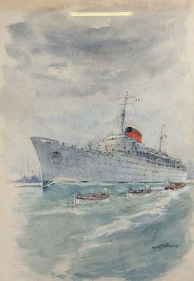 tableau représentant un grand navire sur l'eau, avec un bateau en arrière-plan