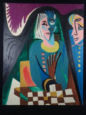 an image of a painting of a woman and a man sitting at a table