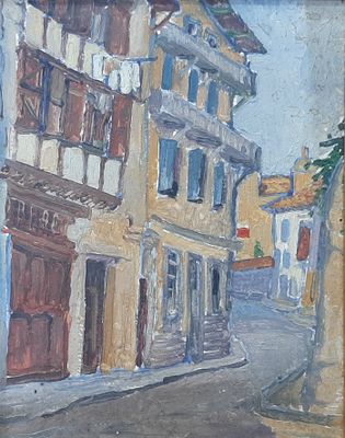 tableau représentant une scène de rue avec des bâtiments et une horloge fixée à un poteau