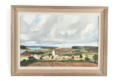un tableau représentant un paysage avec une ferme au premier plan