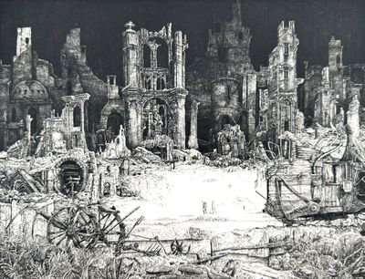une image représentant un dessin en noir et blanc d'une ville en ruines