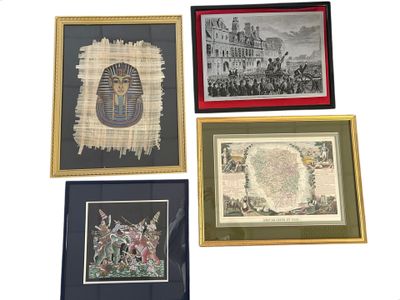 Lot de pièces encadrées dont Papyrus égyptien, plaque en mét…