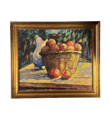 une peinture à l'huile représentant un panier de pommes posé sur une table