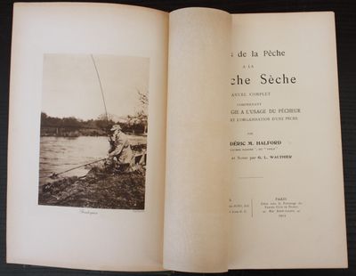 an open book with a picture of a man fishing on a river