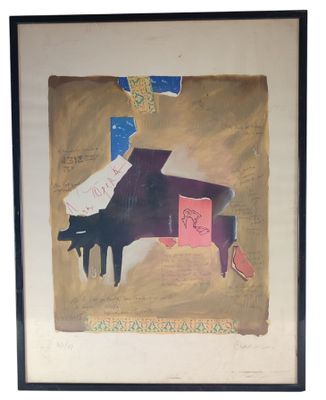 painting of a black piano with a note and a notepad on it