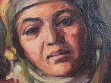 an oil painting of a woman in a headscarf