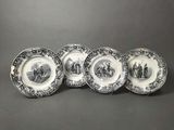 four black and white plates with a picture of people on them