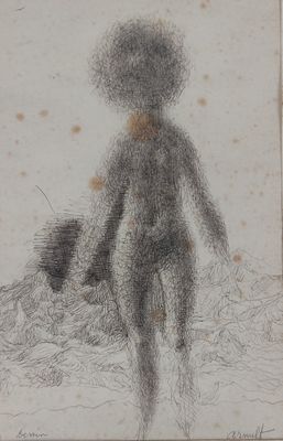 une image représentant un dessin d'une personne avec un chien sur un lit