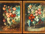 two paintings of flowers in vases on a table with a black background