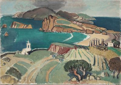an image of a painting of a view of a beach with a lighthouse in the distance