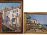 two paintings of a house and a building on a white background