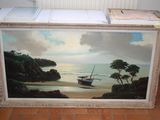 a painting of a boat on the beach by the water