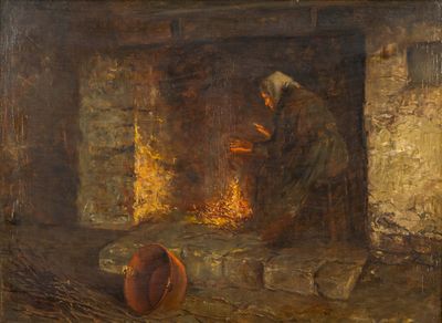 tableau représentant un homme assis devant un feu, un chapeau sur la tête