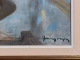 a painting of a man sitting on a ledge