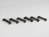 un ensemble de six raccords de tuyauterie en fer noir posés sur une surface blanche
