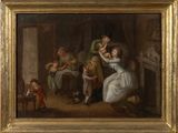 painting of a family gathering in a living room with a dog