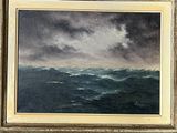 an oil painting of a wave breaking into the ocean in a gold frame