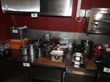 many pots and pans on the counter in the kitchen