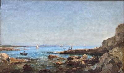 tableau représentant une vue d'une côte rocheuse avec un bateau dans l'eau