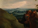 painting of two men standing on a hill with a view of a valley in the background