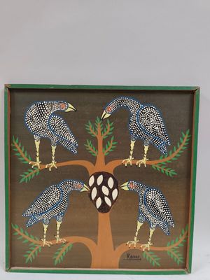 tableau représentant quatre oiseaux dans un arbre, avec un cœur au centre