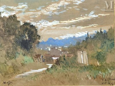 un tableau représentant une scène de ferme avec des vaches qui paissent