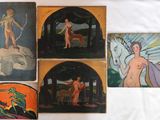 several paintings of a woman and a man on a white surface