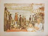 drawing of a group of people standing on a pier next to a body of water