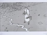 a drawing of a man with a suitcase walking down a street