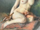 painting of a nude woman sitting on a bed with a brush