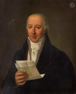 un tableau représentant un homme en manteau noir tenant un bout de papier