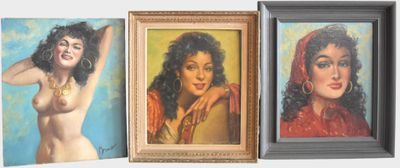 three framed paintings of women in different colors and sizes