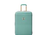 the suitcase is green and has wheels and a handle
