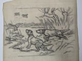 un vieux dessin représentant un chien qui en poursuit un autre dans l'herbe