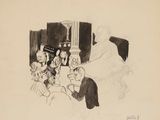 drawing of a group of people sitting around a table with a statue in the background