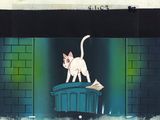 tableau représentant un chat blanc debout sur une poubelle bleue
