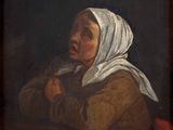 an old painting of a woman with a white head scarf