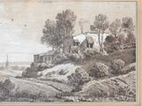 drawing of a house on a hill with a river in the foreground