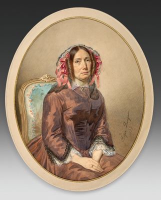 a painting of a woman in a brown dress sitting on a blue chair