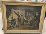 an old painting of a man standing in front of a group of people