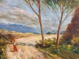 an oil painting of a woman walking down a dirt road next to a tree