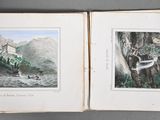 an open book with two pictures of a mountain scene and a river